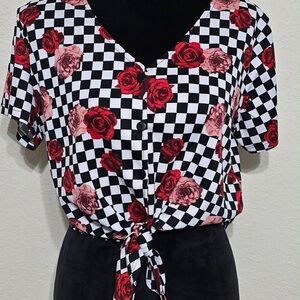 Rue21 Black and White Checkered Floral Button Down Shirt